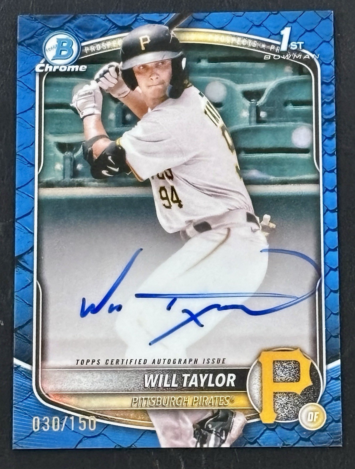 2025 Bowman Chrome Will Taylor Auto Blue Reptilian /150 1st Prospect Pirates  