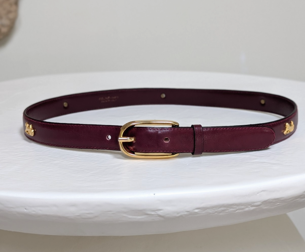 CELINE Carriage-Stud Slim Leather Belt - Burgundy/ Gold - Sz 