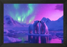 Polar Bears Northern Light Framed Wall Art Poster Canvas Print Picture