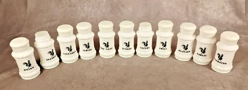 Vintage 11 Hazel Atlas Milk Glass Rooster Spice Jars black & white kitchen