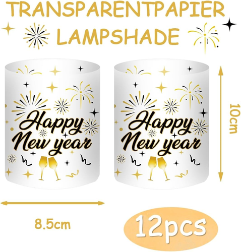 12 Windlicht Tischdeko Silvester, Happy New Year Deko Gold, Silvester Deko 2025, - Bild 2 von 7