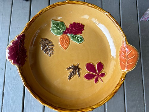 Colorful Fall Leaves Yellow Heavy Handled Ceramic Serving Dish Bowl 12"