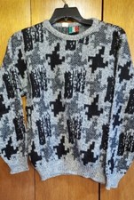Vintage 1980's Black Gray Geometric Knit Sweater Men Sz L Excellent Condition