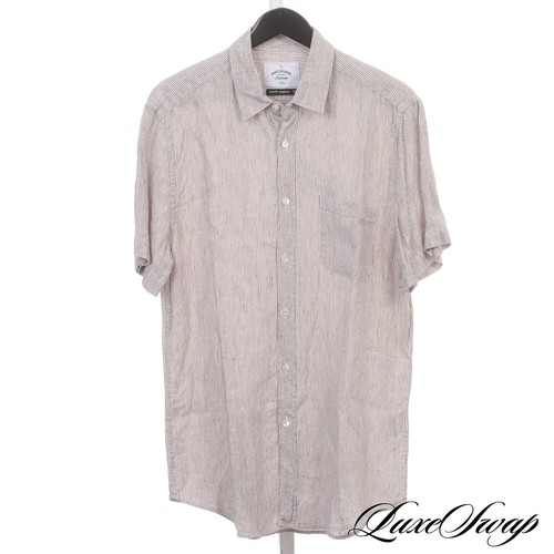 Portuguese Flannel 100% Linen White Cocoa Static Bengal Stripe Camp Shirt L NR