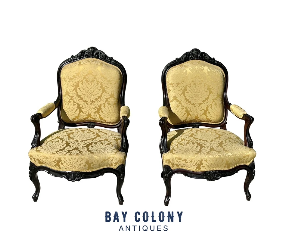 PAR DE SILLONES LOUIS XIV EBONIZADOS PALO DE ROSA FAUTEUIL A LA REINE EN ORO SATINADO Foto 3 de 4