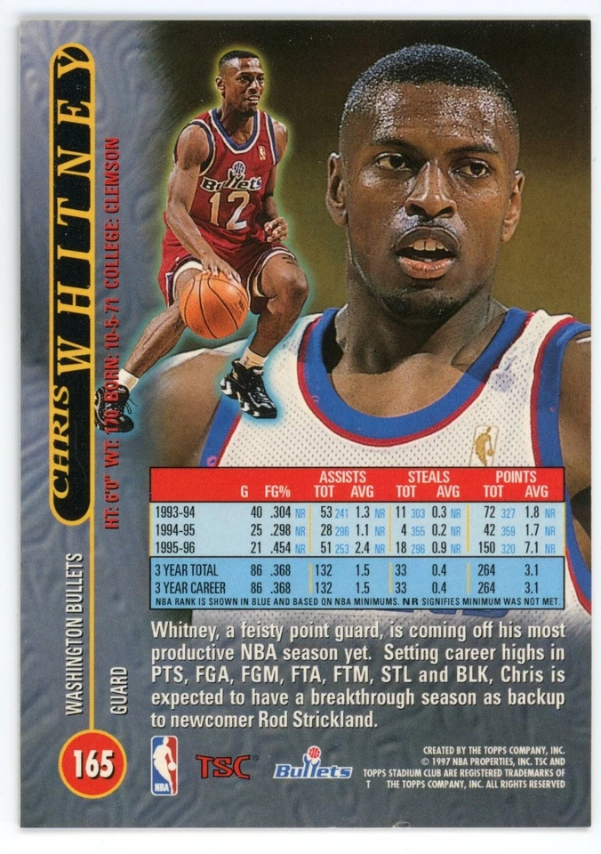 1996-97 Topps Stadium Club Chris Whitney Card #165 - Image 2 of 2