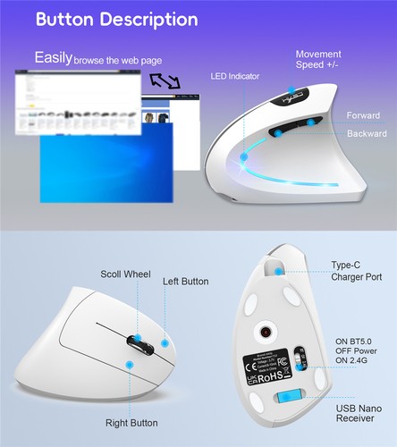 Vertical Mouse Ergonomic Rechargeable2.4G + BT Wireless Mice Silent Office Mouse - Picture 21 of 27