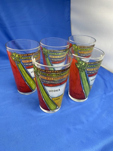Bloody Mary Decorated Recipe Set of 5 16 oz Barware Drinking Glasses Collection - Picture 4 of 5