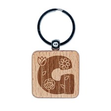 Sweet and Cute Flowers Rounded Block Letter G Engraved Wood Square Keychain