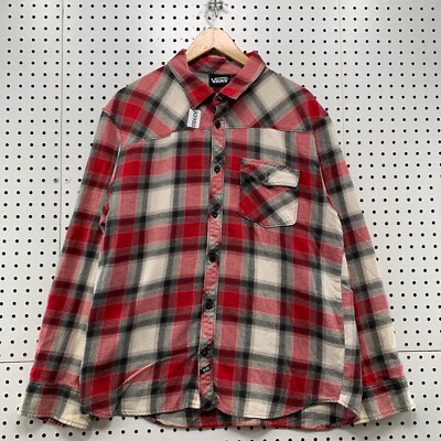 VAns Button Up Flannel Shirt Mens Large Red White Plaid Long