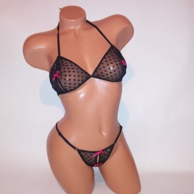 Baci Lingerie Bra & Panty Set One Size 90-160 lbs Black Pink Hearts Sheer Peek a