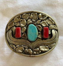 Vtg Alpaca Mexico Silver Turquoise Belt Buckle Southwestern Native American