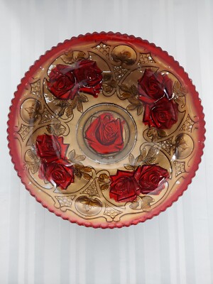 Vintage Goofus Glass, Red and Gold Rose Bowl, No Chips, Some paint loss