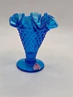 Vintage Fenton Ruffle Vase - Colonial Blue Hobnail - 4” Tall