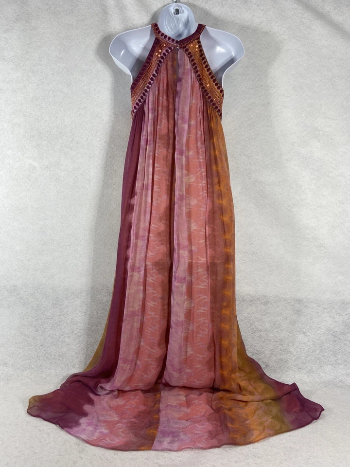 Maxi Vestido Zara Para Mujer Pequeño Rosa Marrón Cambio Lentejuelas Tie Dye Gasa” Foto 4 de 4