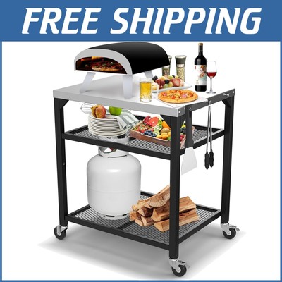 Portable Three-Shelf Pizza Oven Table - Durable Stainless Steel Food Prep Stand