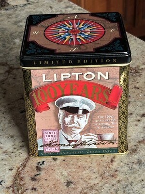 Vintage Lipton (100 Years) Tea Tin w/ Clipper Ship & Tea Plantation Images 1990