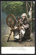 Irish Spinning Wheel, Old Woman on Spinning Wheel, Postcard 1911 