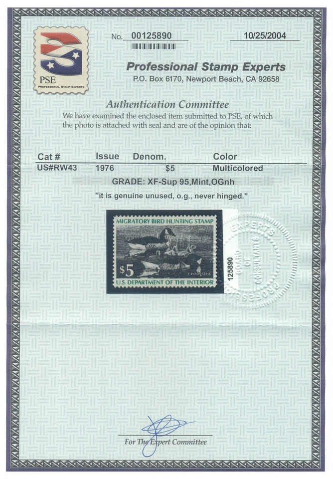 RW43 — 1976 Canada goose, XF-Superb 95 NH, PSE Certificate - Image 2 of 2