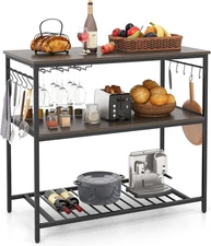 GOFLAME Kitchen Island with 3 Shelves, Industrial Kitchen Counter with Wine Glas