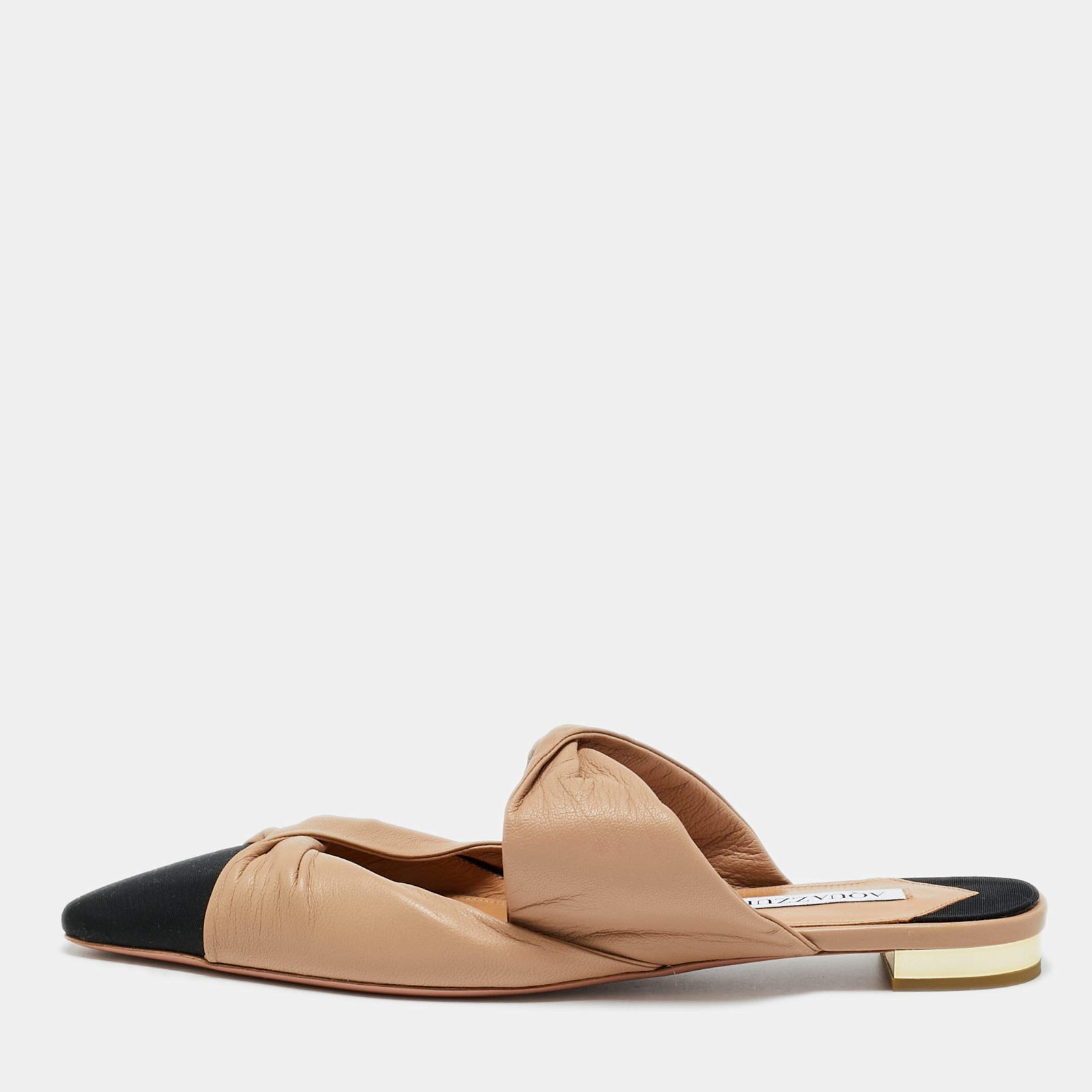 Aquazzura BeigeBlack Leather and Fabric Twist Cap Toe Mules Size 38