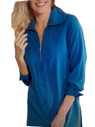 Soft Surroundings Tunic Blouse Sz M Royal Blue Loretta 1/4 Zip Button Top - Picture 2 of 6