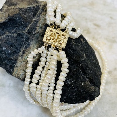 Keshi Pearl Bracelet & FW Multi strand 14k Yellow Gold 1.5-2.5mm White 7.5  RARE