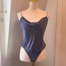 Abercrombie  Fitch Slate Blue Cowl Neck Bodysuit Textured Tie Back  XS NWT