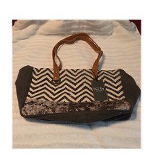 Myra Shoulder Bag with Chevron Pattern, Zip Closure, Strap Accent, Brown Beige