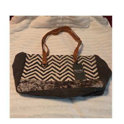 Myra Shoulder Bag with Gray And Beige Chevron Pattern And Cow Hide, Zip Closure
