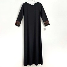 NEW Natori x Saks Fifth Avenue Black 3/4 Sleeve Maxi Shirt Dress Embroidered Sm