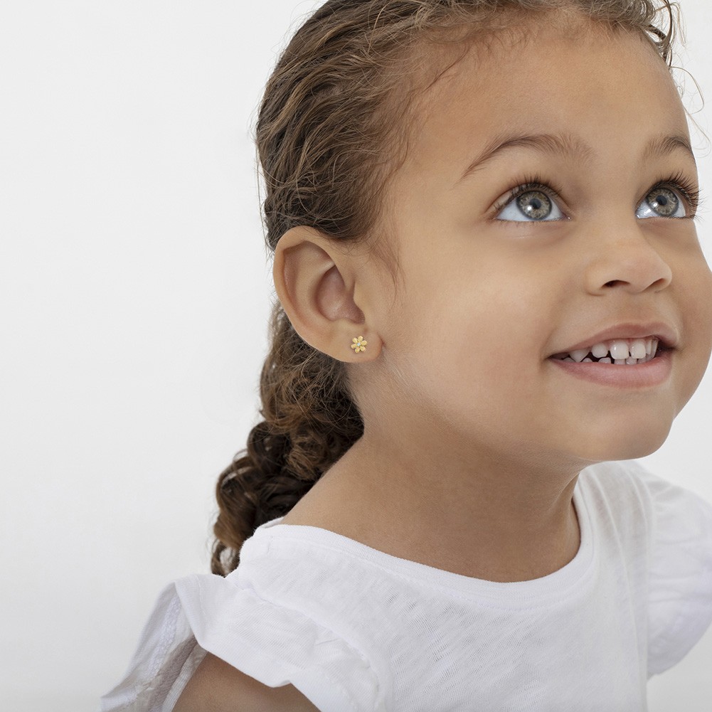 14k Gold Tiny Flower Clear CZ Baby / Toddler / Kids Earrings Safety Screw Back