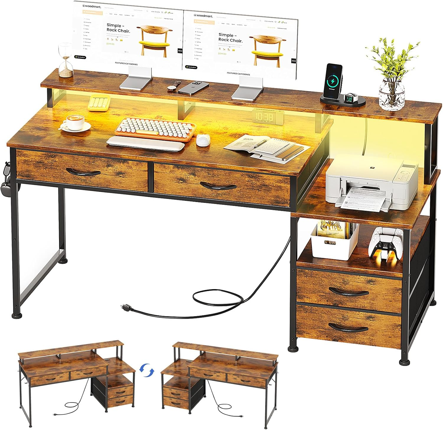 MUTUN 135Cm Computer Desk with Power Outlet and Charging Station| Reversible Hom