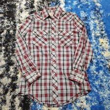 Vintage 70 s LEE Western Shirt Pearl Snap Long Sleeve Men s M Plaid Gray Red