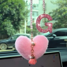 Bling Pink Car Accessories for Women Letter Charm, Rainbow Color Rear View Mi...