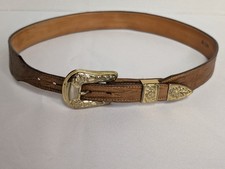 Vintage Ceintures Belt Women's 30 Brown Alligator Leather Floral Brass Buckle