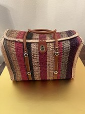 Vintage Handwoven Straw And Wicker Striped Tote Bag With Hasp Closure