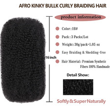 16 Inch 3 Bundles 90G Natural Black Afro Kinky Curly Braiding Bulk Hair for M...