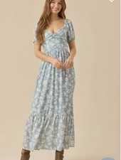Altar d State Light Blue Floral Maxi Dress Short Sleeve Size Small NWT