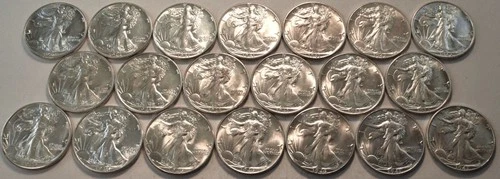 Lot (20) AU/Uncirculated Walking Liberty Half Dollars 1936 1938 1941 D 46 Silver