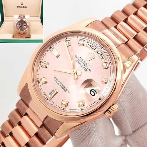 2002 Rolex President Day-Date Pink Diamond 36mm 118205 Rose Go...