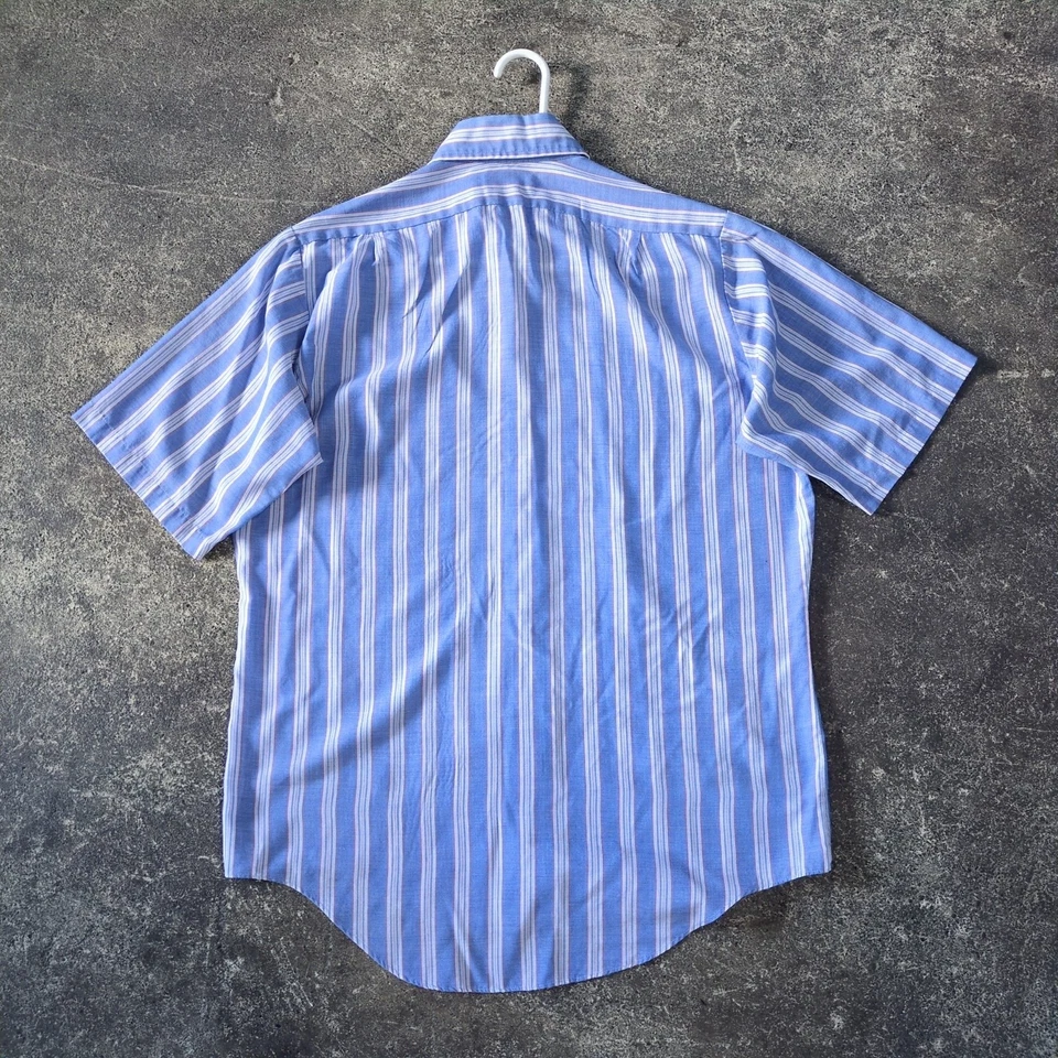 Camisa vintage Penneys Towncraft para hombre M 15 años 60 azul blanco a rayas manga corta Foto 3 de 4