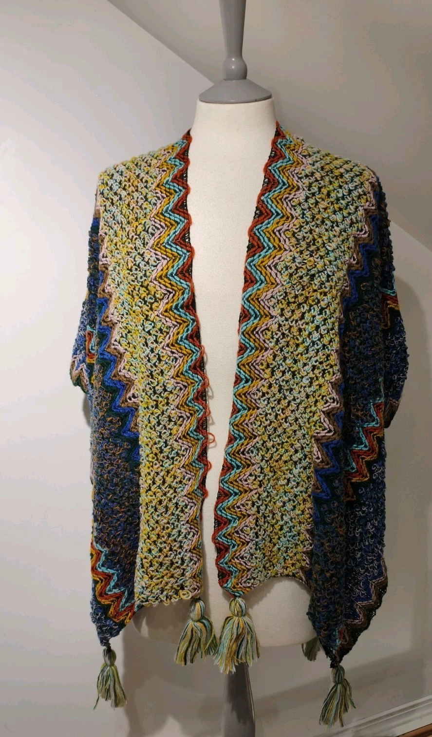 Jayley Cashmere Silk Blend Poncho Cape Shawl Knitted Multicoloured Festival Boho