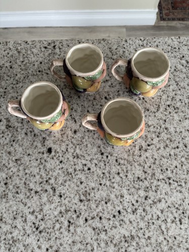 MCM Art Ceramic Mugs Fruit Hand Painted Signed Set Of 4 - Picture 2 of 4