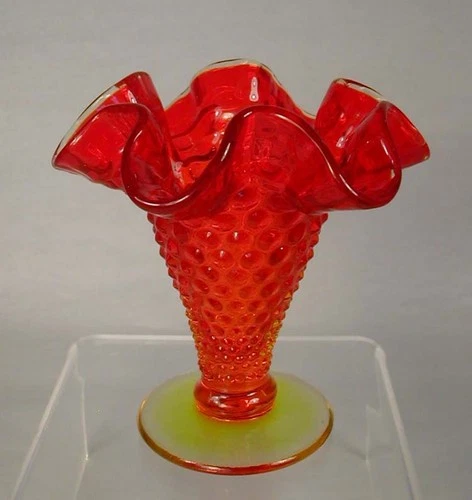 Vintage Fenton Miniature Orange Amberina Hobnail Glass Vase 4” GLOWS
