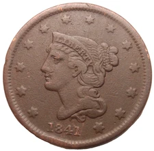 1841 1c Braided Hair Large Cent 1 Copper US Coin Porous XF details