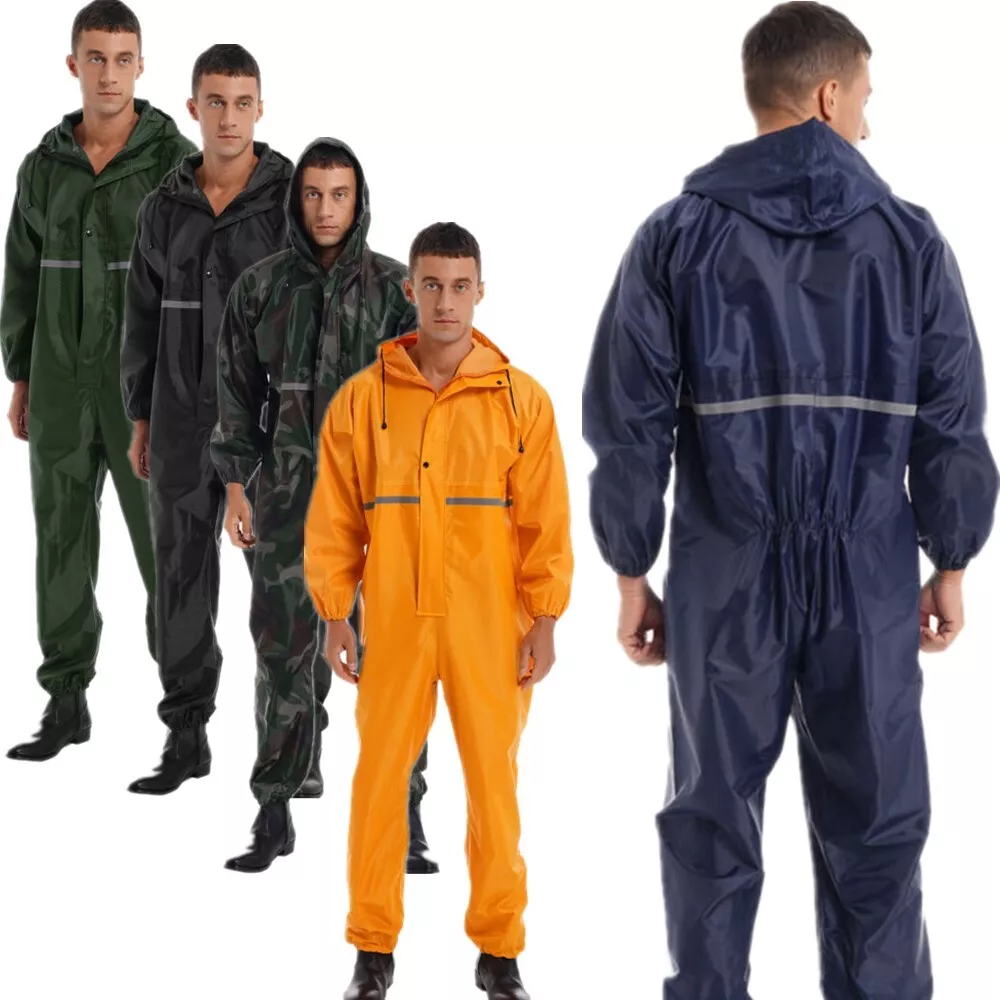 Unisex Mens Waterproof Coveralls Workwear Long Sleeve Hooded Rain Suit  Romper