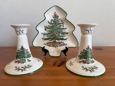 Spode Christmas Tree Medium Tree Shaped Dish Tall Candle Holders Lot of 3