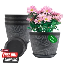 12 Inch Large Plant Pots with Drainage & Saucers, 4 Pack Decorative Garden Plant