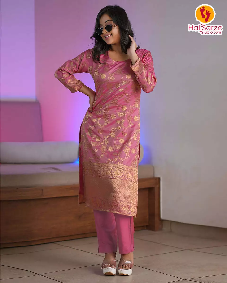 Pink Partywear Embroidery With Embellished Cotton Kurti Pant Set With